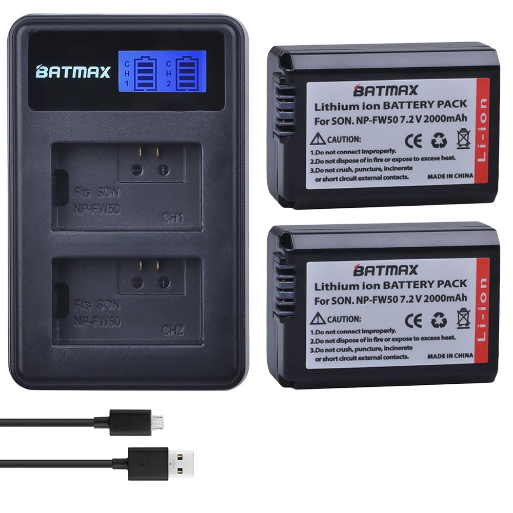 2Pcs 2000mAh NP-FW50 NP FW50 Camera Battery + LCD USB Dual Charger for Sony Alpha a6500 a6300 a6000 a5000 a3000 NEX-3 a7R 