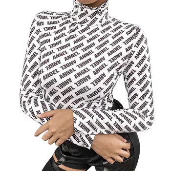 

NORMOV Fashion Gloves Letter Print T-Shirt Women High Collar Long Sleeve Slim Shirt Female Casual Streetwear T Shirt Tops