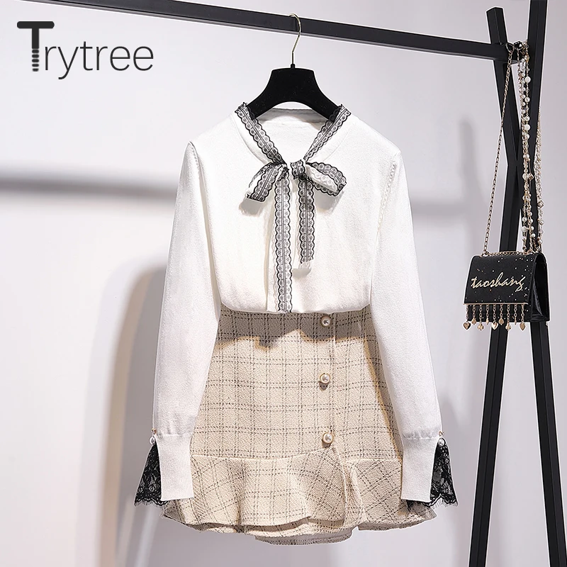 Trytree, осенне-зимний комплект из двух предметов, повседневный вязаный белый топ с v-образным вырезом и кружевным бантом+ юбка, модный клетчатый жемчужный комплект из 2 предметов