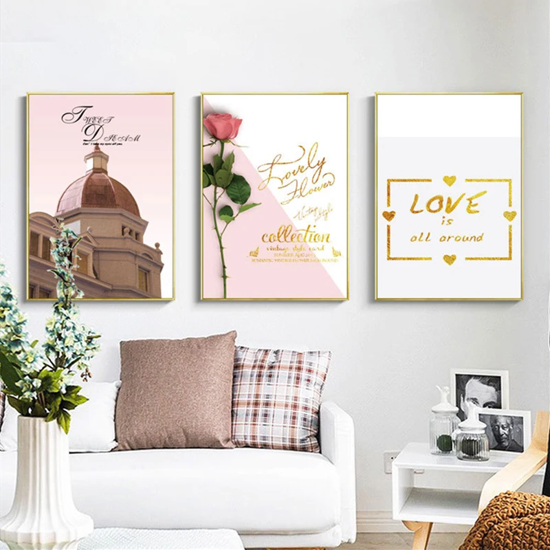 

Free Shipping 3Pcs Gold Love Quotes Canvas Painting, Romantic Rose Pink Picture Prints Wall Art Pictures for Bedroom Home Decor