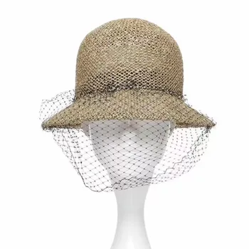 

2020 Ladies Fashion Veil Pearl Party Hat Hollow Seagrass Bucket Women Sun Beach Hats Wholeasle S1071