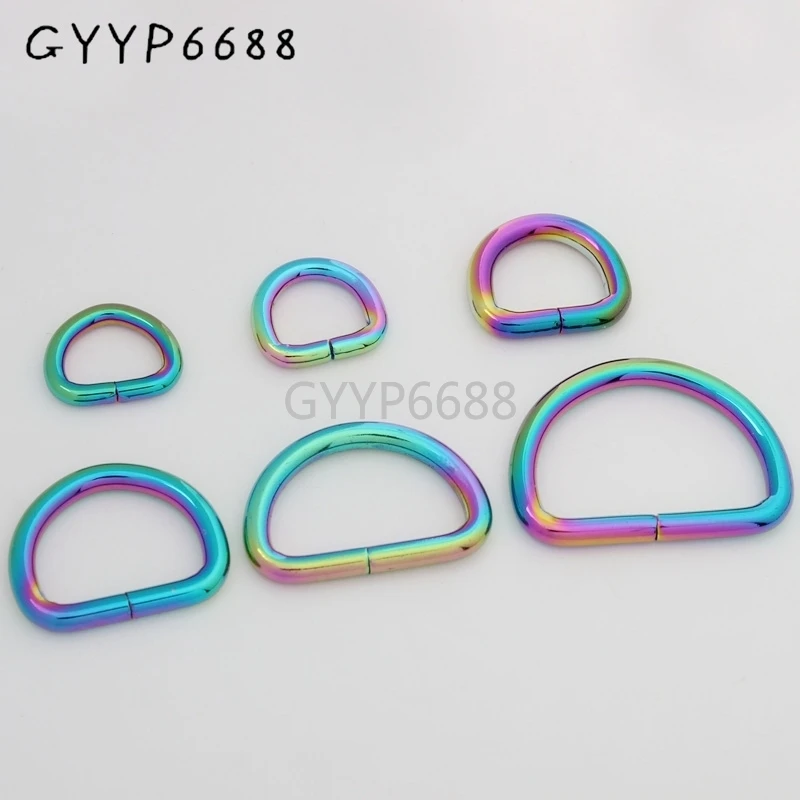 10-30-100pcs 7 size 10-14-15-20-25-32-38mm Rainbow Opened d ring belt buckle metal D ring for bags round edge dee ring on sale