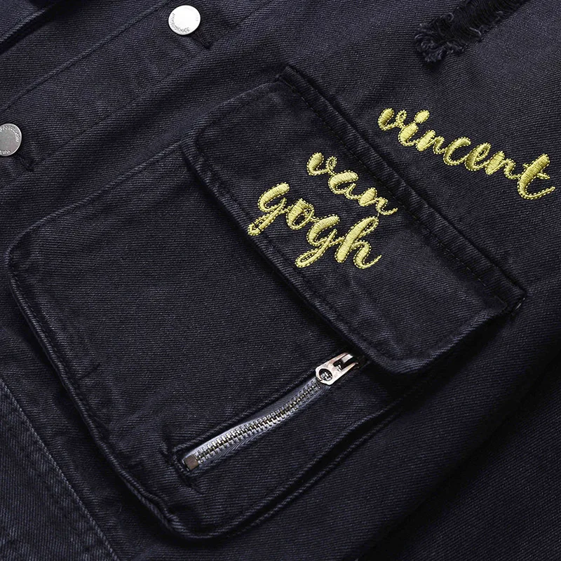 Vincent Van Gogh уличная джинсовая куртка хип хоп Мужские Винтажные рваные джинсовая куртка деним пальто Harajuku Бомбер куртка хлопок