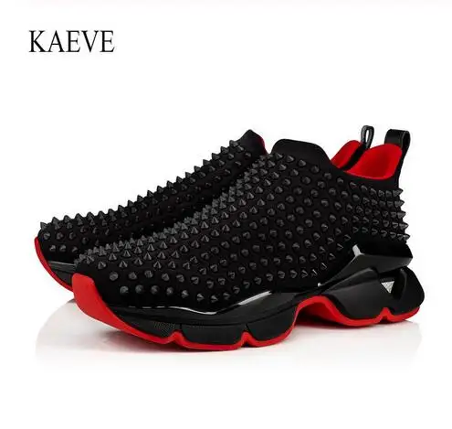 K/обувь на низком каблуке и без шнуровки; Черная мужская спортивная обувь с заклепками спереди и красной подошвой; кроссовки из воловьей кожи; повседневные лоферы на плоской подошве - Цвет: Black