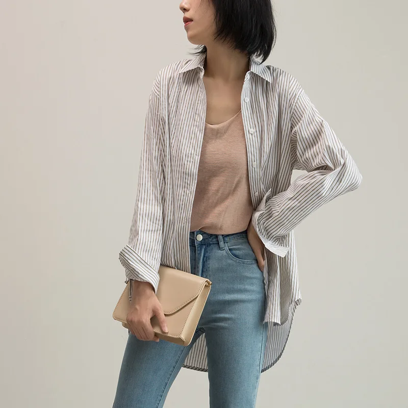 

Johnature Simple Striped Cardigan Womens Tops And Blouses Autumn 2019 New Casual Loose Turn-down Collar Long Sleeve Women Shirt