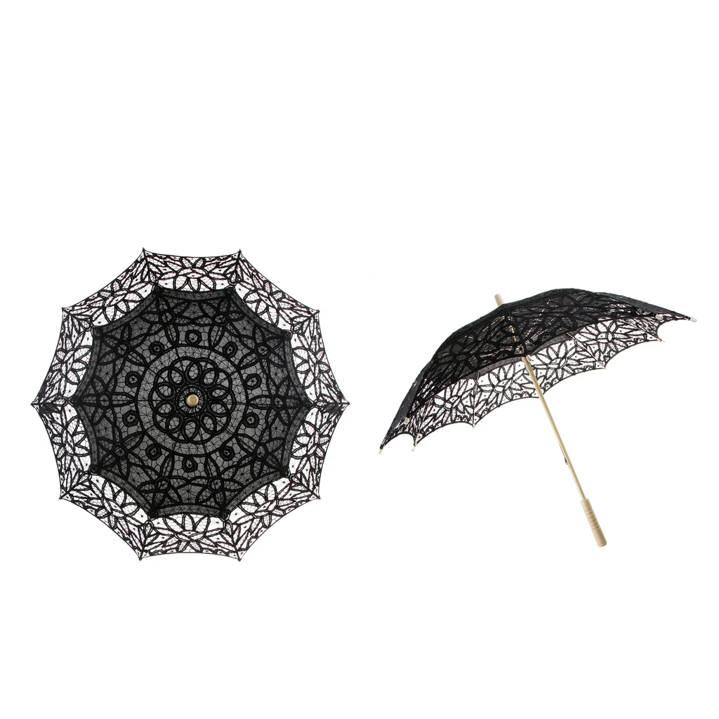 Handmade Cotton Lace Embroidered Parasol Umbrella Wedding Shower Decor Black