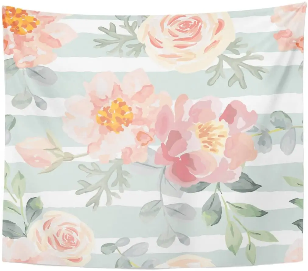 Tapestry Pale Pink Roses and Peonies Gray Leaves Striped Romantic Tapestries Wall Hanging for Living Room Bedroom Dorm | Дом и сад