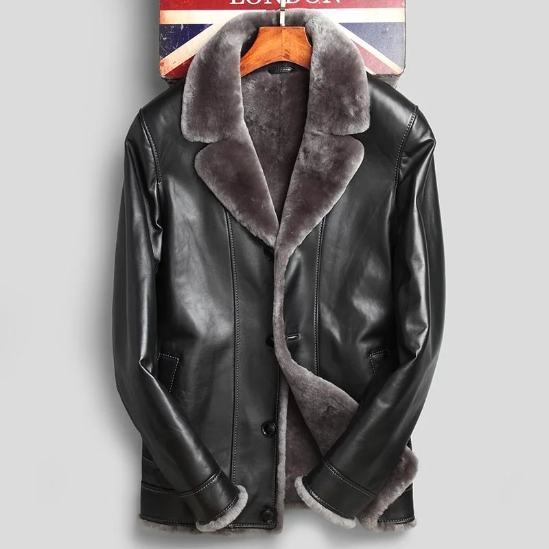 

Double face natural shearling coats outerwear men turn down collar sheep fur jacket male real sheepskin leather coat plus size
