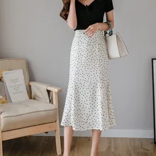 Женская повседневная юбка-Русалка с высокой талией, элегантная юбка в горошек, высокая уличная Корейская шифоновая трапециевидная юбка миди