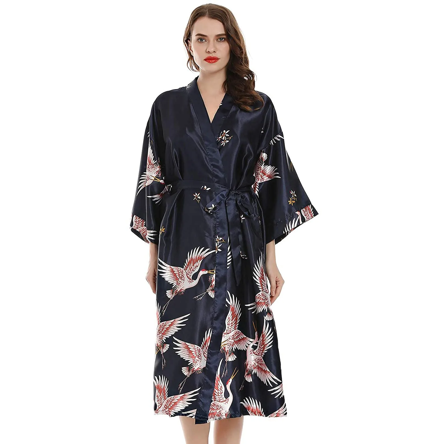PLUS SIZE Long Kimono Bathrobe Satin Women Sleepwear Nightgown Print Crane Bride Bridesmaid Wedding Robe Dress Loose Homewear