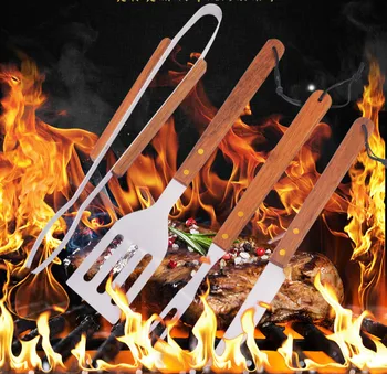 

Combination of three-piece stainless steel wooden handle fork shovel outdoor barbecue tools
