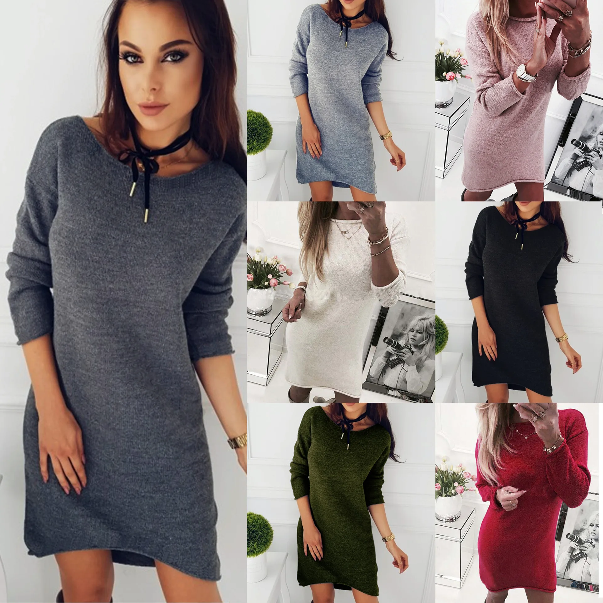 En Ligne Femmes mode col rond pull robe automne couleur unie lâche à manches longues chandail