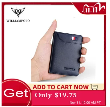 

WILLIAMPOLO Genuine Leather Ultra thin Slim Short Wallet Men Small Solid Wallet Simple Mini Card Holder Purse Casual Fashion