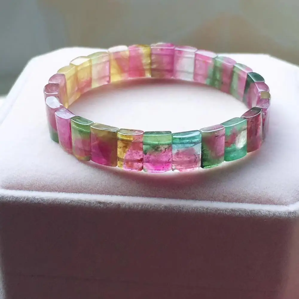 

2020 Newly Natural Clear Tourmaline Bangle Bracelet Women Men Gift Crystal 10x8mm Pink Rectangle Beads Fashion Bangle AAAAA