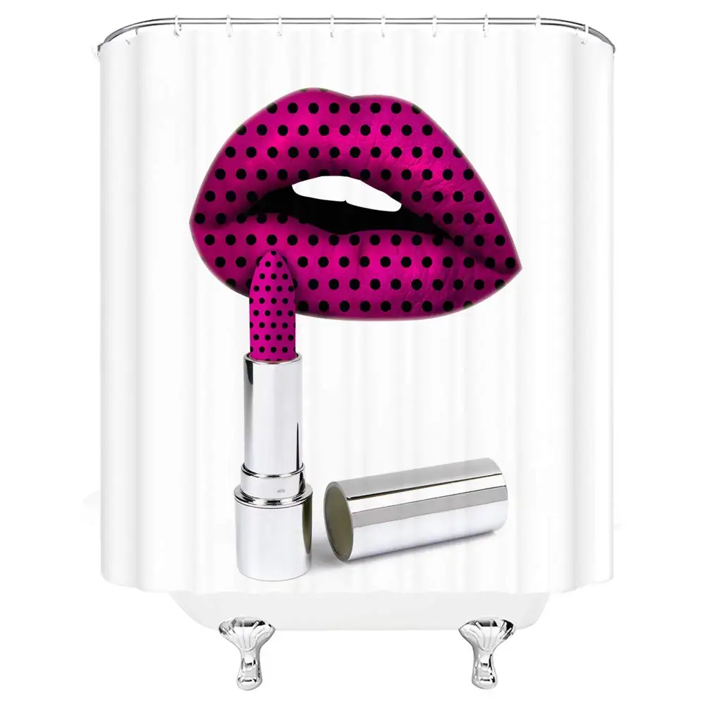 Lips and Lipstick Shower Curtain Creative Sexy Magenta with Black Dot Woman Cosmetics Cloth Fabric | Дом и сад