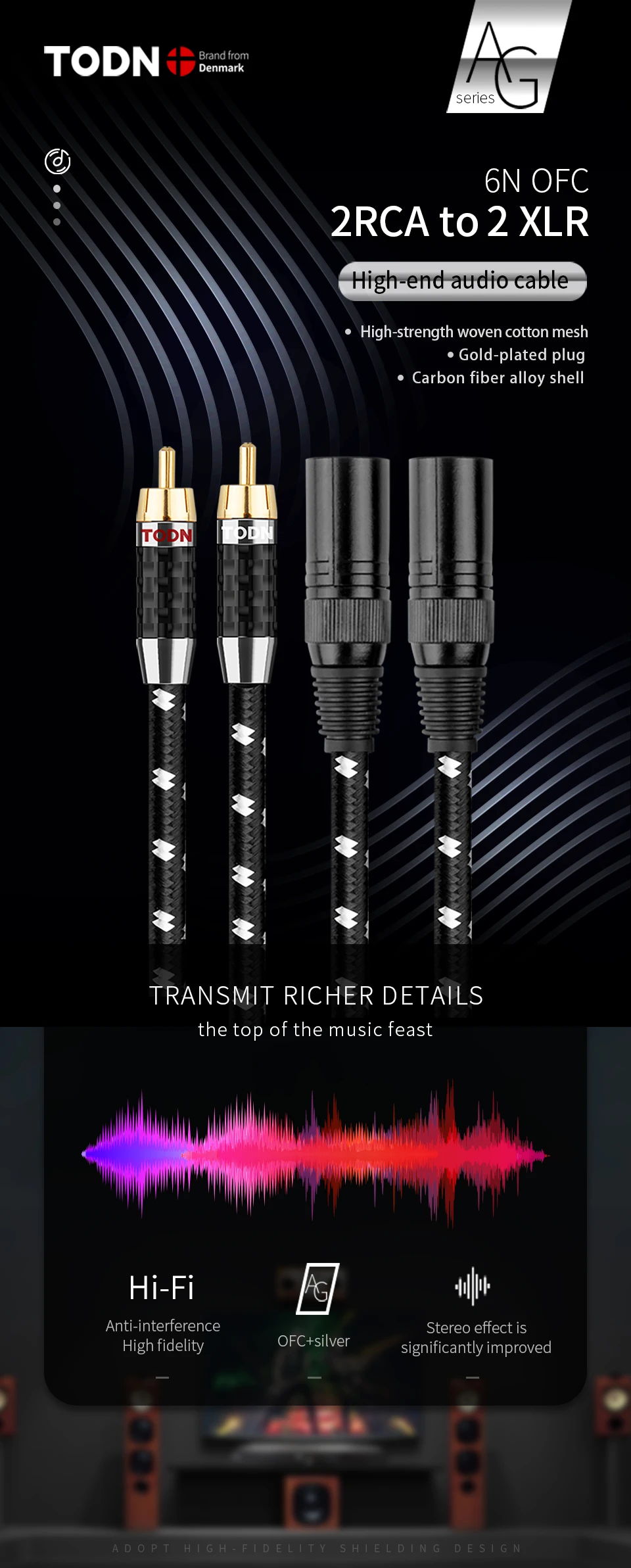 de áudio 2rca para 2xlr macho banhado a ouro plug ofc estéreo cabo