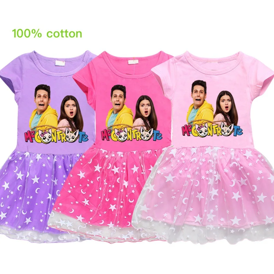 Fashion me contro te Print Children Clothing Girls Dress Summer Lace Foreign Tide Kids Beautiful Princess Pleated Party Dresses