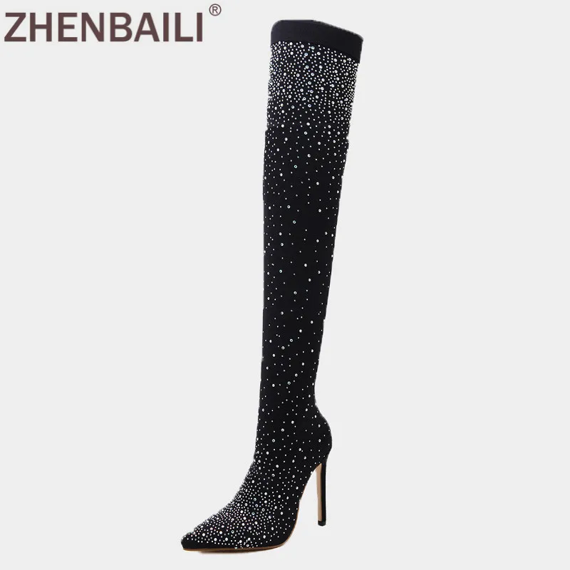 ZHENBAILI; модные высокие сапоги до бедра для подиума с блестящими кристаллами; женская обувь с острым носком на высоком каблуке; большие размеры 35-42