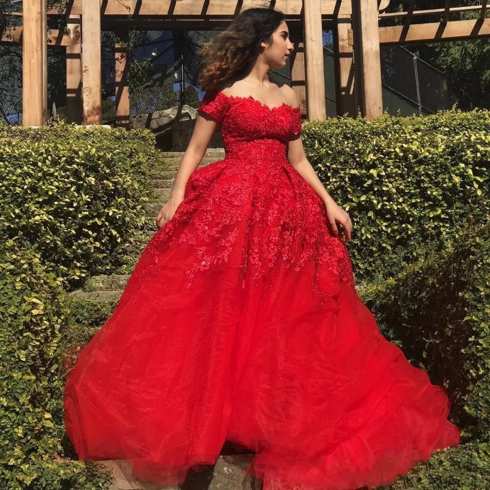 red-lace-evening-formal-gowns-a-line-off-shoulder-applique-tulle-court-train-tiered-elegant-prom   -dresses-vestidos-de-fiesta