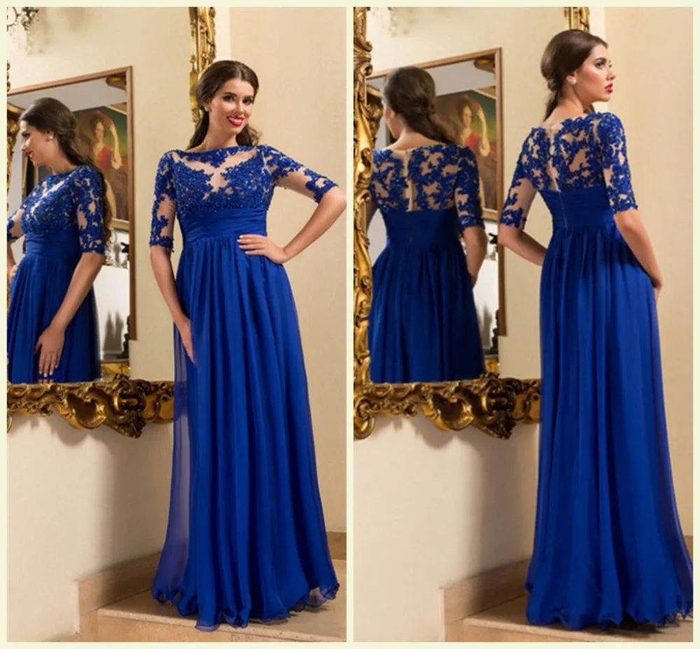 

Half Sleeve Royal Blue Chiffon Evening Dress Long 2016 Apppliques Sequins Formal Dresses Evening Wear Tiered Floor Length