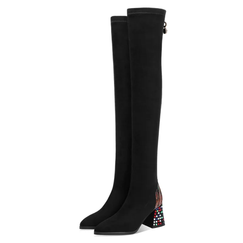 FEDONAS/пикантные женские эластичные высокие сапоги; обувь для ночного клуба; женские новейшие стразы; теплые женские ботфорты на высоком каблуке - Цвет: Черный