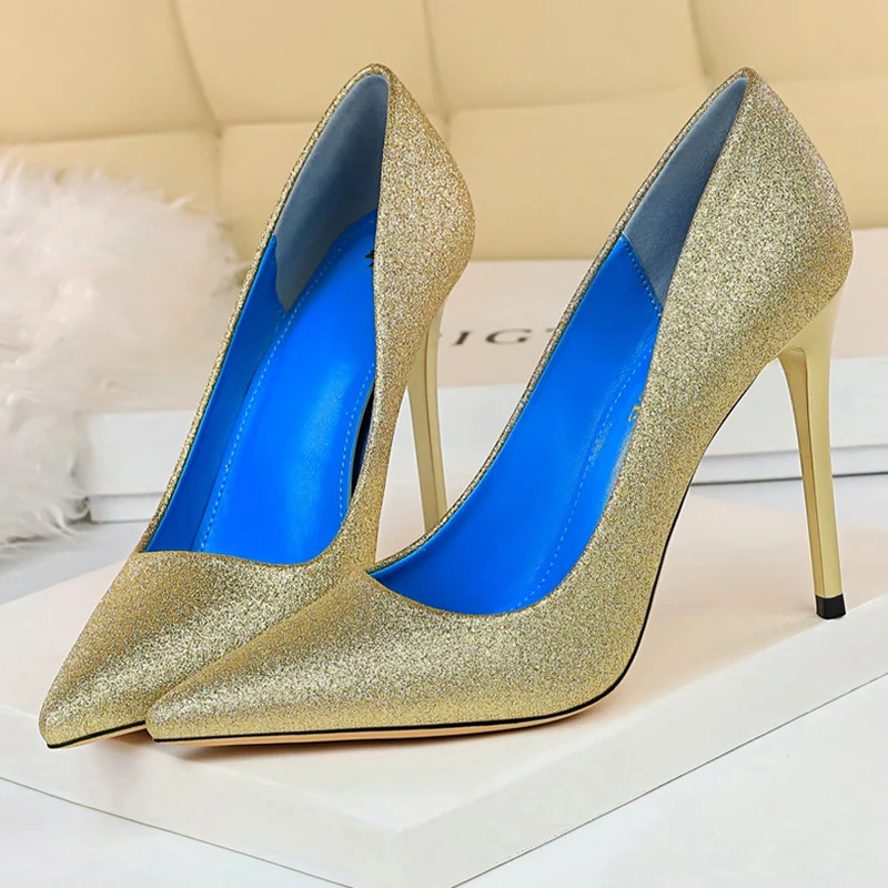 

2020 Women 10.5cm High Heels Glitter Valentine Pumps Lady Escarpins Plus Size Heels Sexy Wedding Bridal Green Prom Gold Shoes