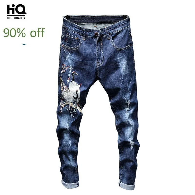 

2020 New Designer Embroidered Jeans Men's Streetwear Hip Hop Hole High Quality Male Slim Fit Straight Denim Pants Autumn Fashion