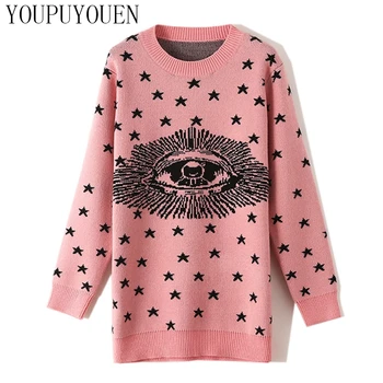 

Sweet Eyes Star Jacquard Sweater Long Pullover Female 2019 Autumn Winter Jumper Knitwear Women Fashion Knit Pink Sweaters Tops