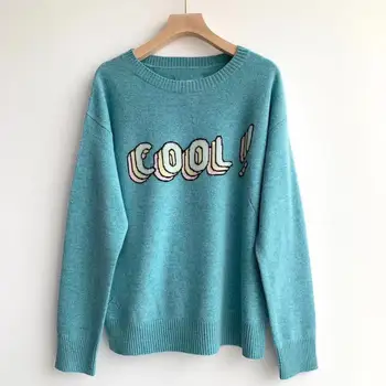 

Letters Jacquar Women Sweater 100% Cashmere O-neck Long Sleeve Lady Long Sleeve Knitwear Jumpers Female Pullover Tops