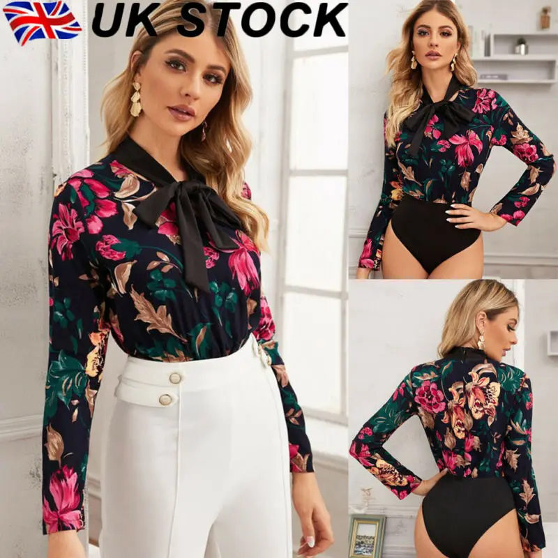 

UK 2020 Women Long Sleeve Floral Print Bow Neck Style Sexy Ladies Shirt Romper Jumpsuit Bodysuit Stretch Leotard Tops S-XL