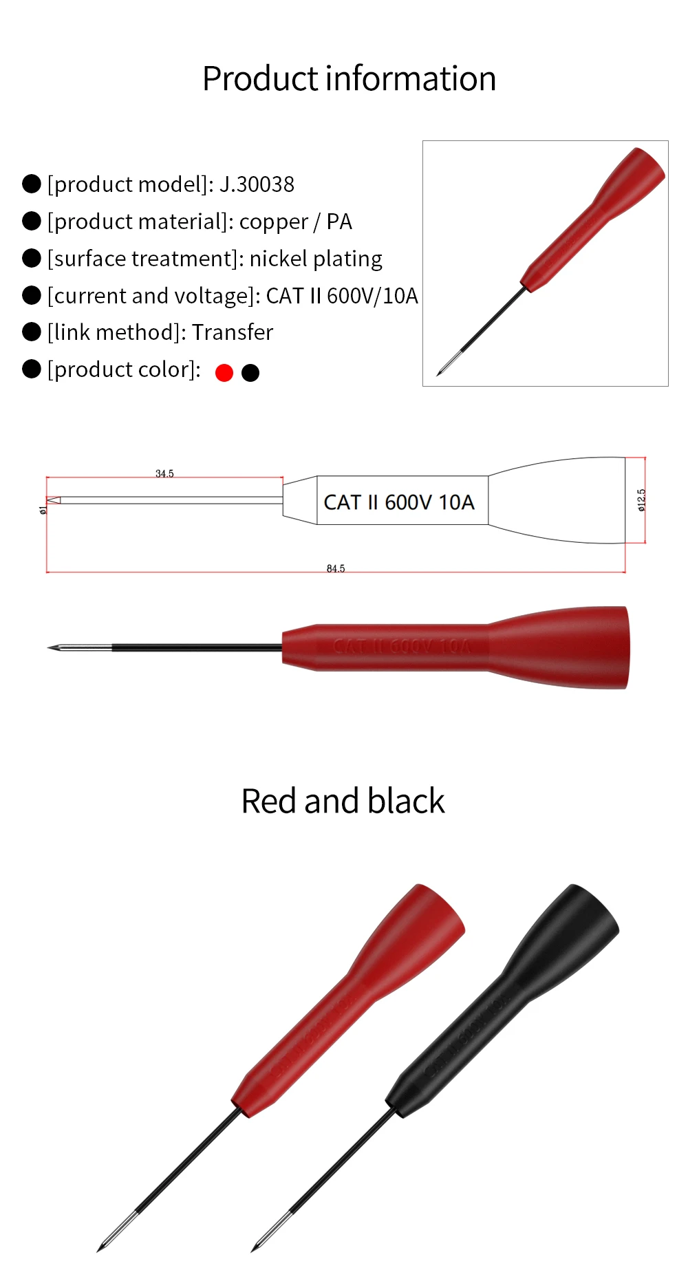 JZDZ 10 Stück 1 mm Prüfspitze, Isolations-Multimeter-Nadel, Edelstahl-Prüfstift für 2 mm Prüfleitungen J.30038 – Detail 1