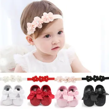 

2pcs Infant Baby Girl Princess Bow Crib Flat Anti-slip Party Soft Sole Shoes Flower Headband Sets