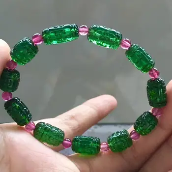 

Natural Green Tourmaline Quartz Bracelet Red Clear Carved Barrel Beads 8*13mm Women Men Crystal Certificate AAAAAA