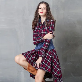 

2PCS Women Dress 2020 Spring Slinky Dresses Vintage Cotton Dress Plaid Patchwork Ruffles Asymmetrical Vestidos Femininos