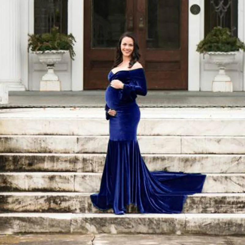 Velvet Maternity Dresses for Photo Shoot Elegant Long Sleeve Off Shoulder  Maxi Mermaid Pregnancy Dress Baby Shower Photography| | - AliExpress
