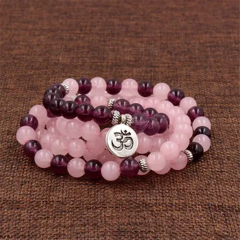 

Hot Sale Woman 108 Beads Mala Necklace & Bracelets For Women Rose Quartzs Amethysts Yoga Bracelet Mala OM Lotus Buddha Bracelet