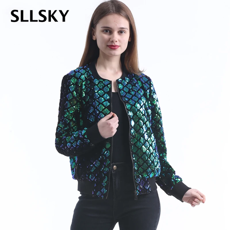 Женская Повседневная бейсбольная куртка Sllsky с зелеными блестками Модная