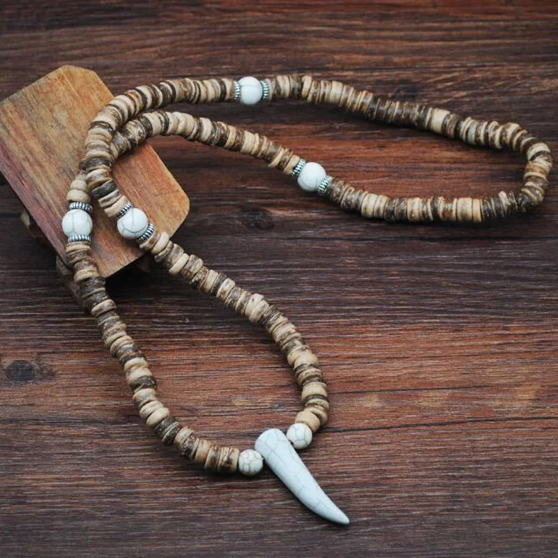 

Men Beaded Necklace Tribal Style Coconut Shell Necklace with stone beads Horn Tooth Pendants Necklace Geometry Jewelry gift