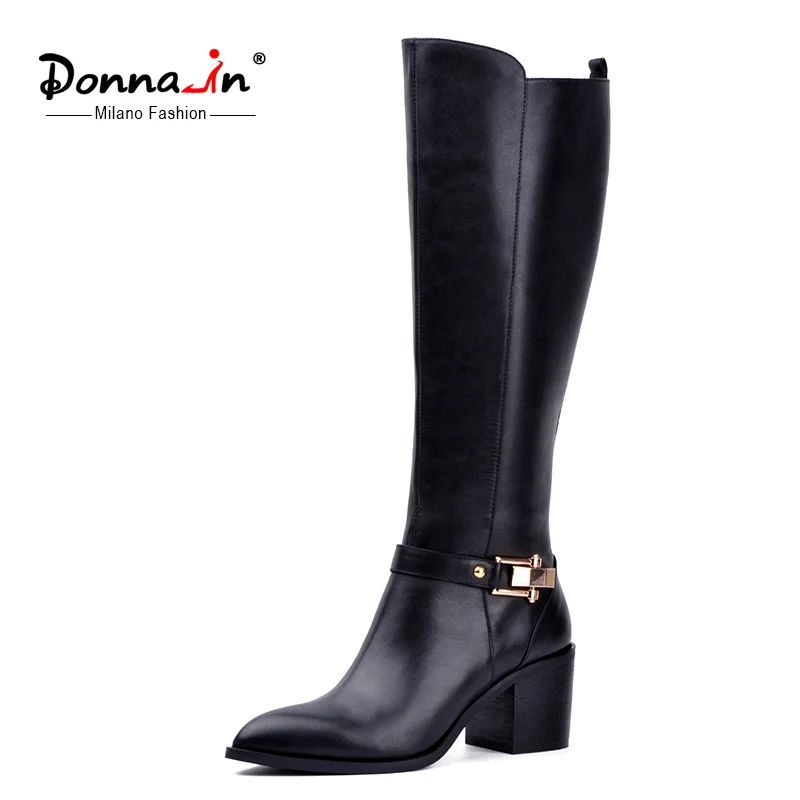

Donna-in knee-high Boots Women Winter Genuine Leather Pointed Toe Thick High heel Metal Boots Zipper Plush Lining Ladies Shoe