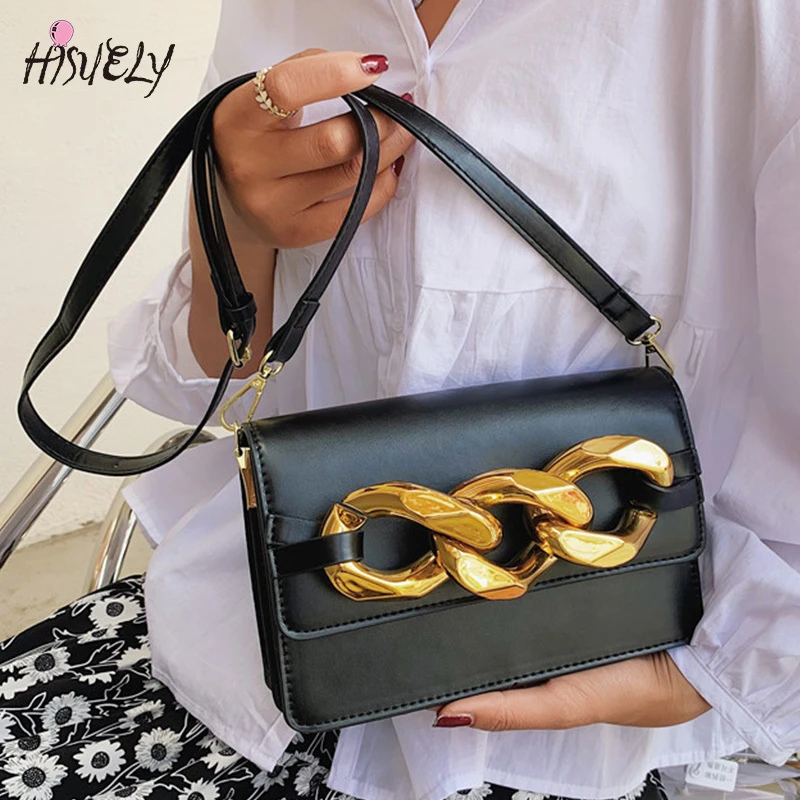 Bolso cruzado de cuero Pu para mujer, bandolera de lujo con cuadrada, gruesa dorada|Bolsos de hombro| - AliExpress