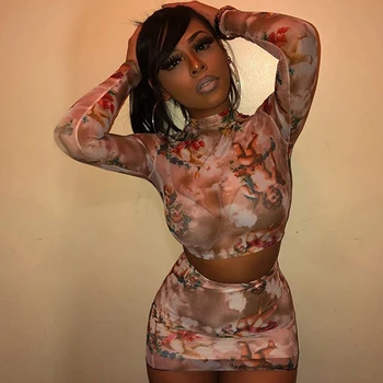 

Sexy Women Mesh Clothes Sets Long Sleeve Round Neck Crop Tops High Waist Hot Skirts Female Evening Party Angel Sets