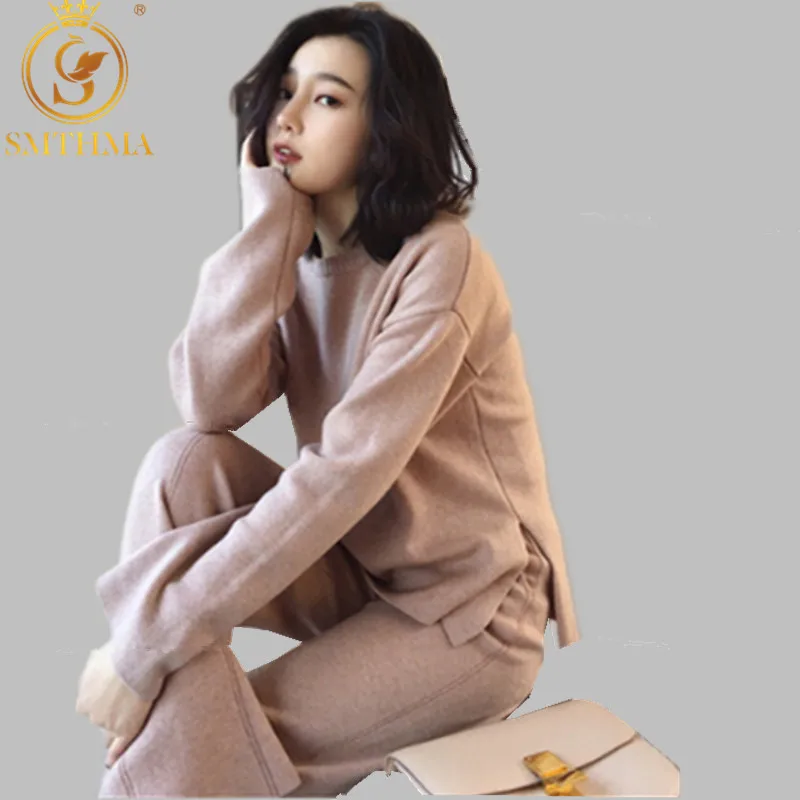 

SMTHMA Autumn And Winter Knitting Sweater Pant suit For Women Two Piece Set Knitted Pullover Long Sleeve Top Wide Leg Pants Suit