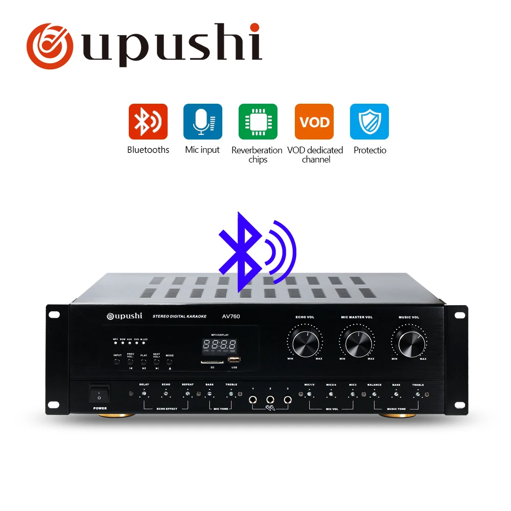 

Oupushi Professional bluetooth karaoke amplifier support multi-channel microphone input and USB/SD card double decoding