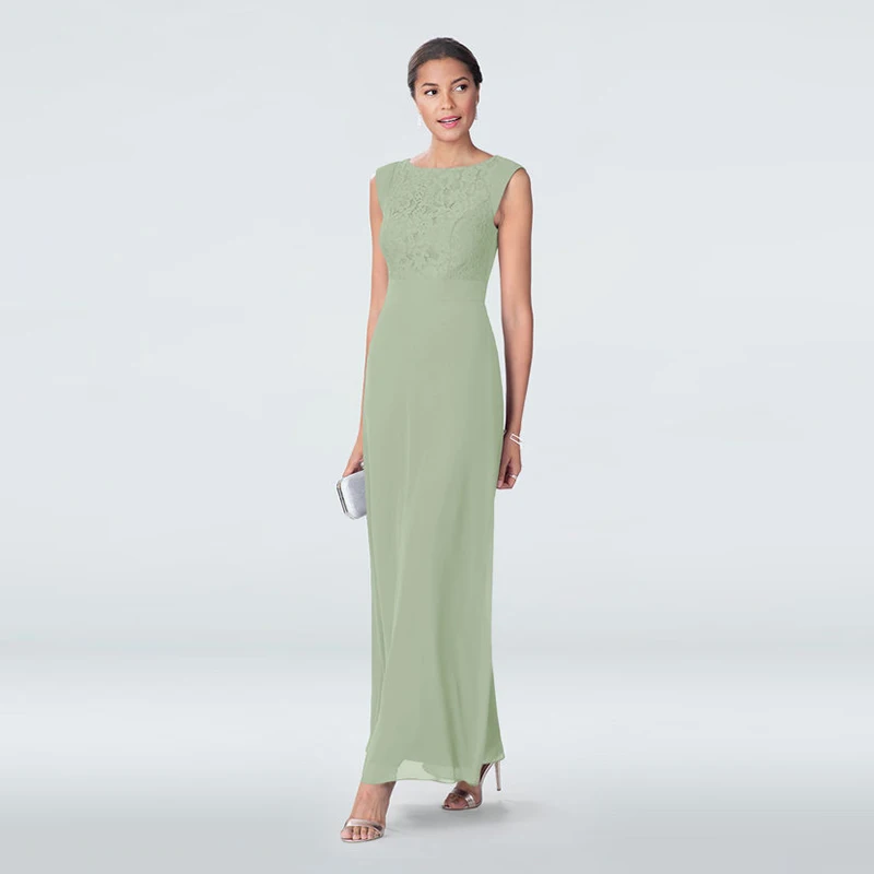 

New Fashion Dusty Sage Jewel Neck Mother of the Bride Dresses Sleeveless Chiffon Lace Top Wedding Party Gowns Ankle Length