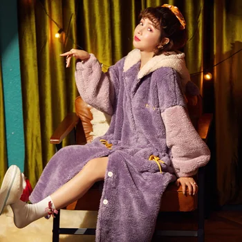 

Winter Pajamas Peluche Night-Gown Women Sleepwear Cardigan Pyjamas Hooded Robe Plus Size Fashion Home Wear Coral Velvet Pajamas