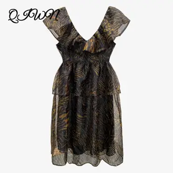 

Runway Fashion Women Summer Sexy V-neck Ruffled Sleeves Leopard Mesh Loose Midi Dress Sleeveless Party Vacation Luxury Dresses