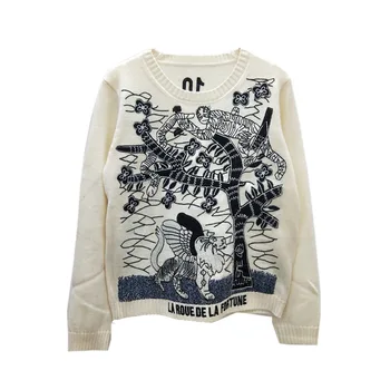 

New 10 letters totem wheel of fortune round neck long sleeve cardigan edition heavy industry fashion knitwear design