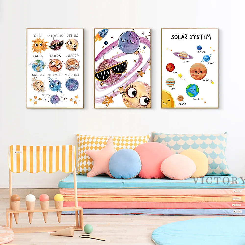 

Cute Cartoon Planet Hd Print Wall Art Canvas Painting Nordic Posters Nursery Wall Pictures for Kids Room Playing Room Decor