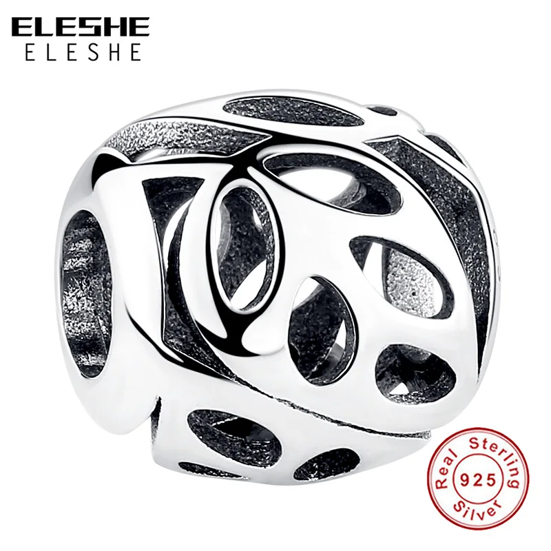 

ELESHE Classic 925 Sterling Silver Bead Spacer Openwork Leaf Round Charms Fit Original Bracelets Necklaces DIY Jewelry Gift