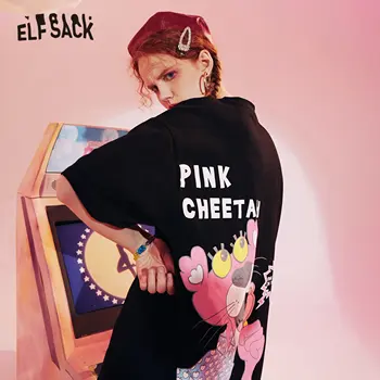 

ELFSACK Black Pink Cartoon Print Casual Women Harajuku T-Shirt 2020 Summer ELF Letter Short Sleeve Korean Ladies Daily Tops